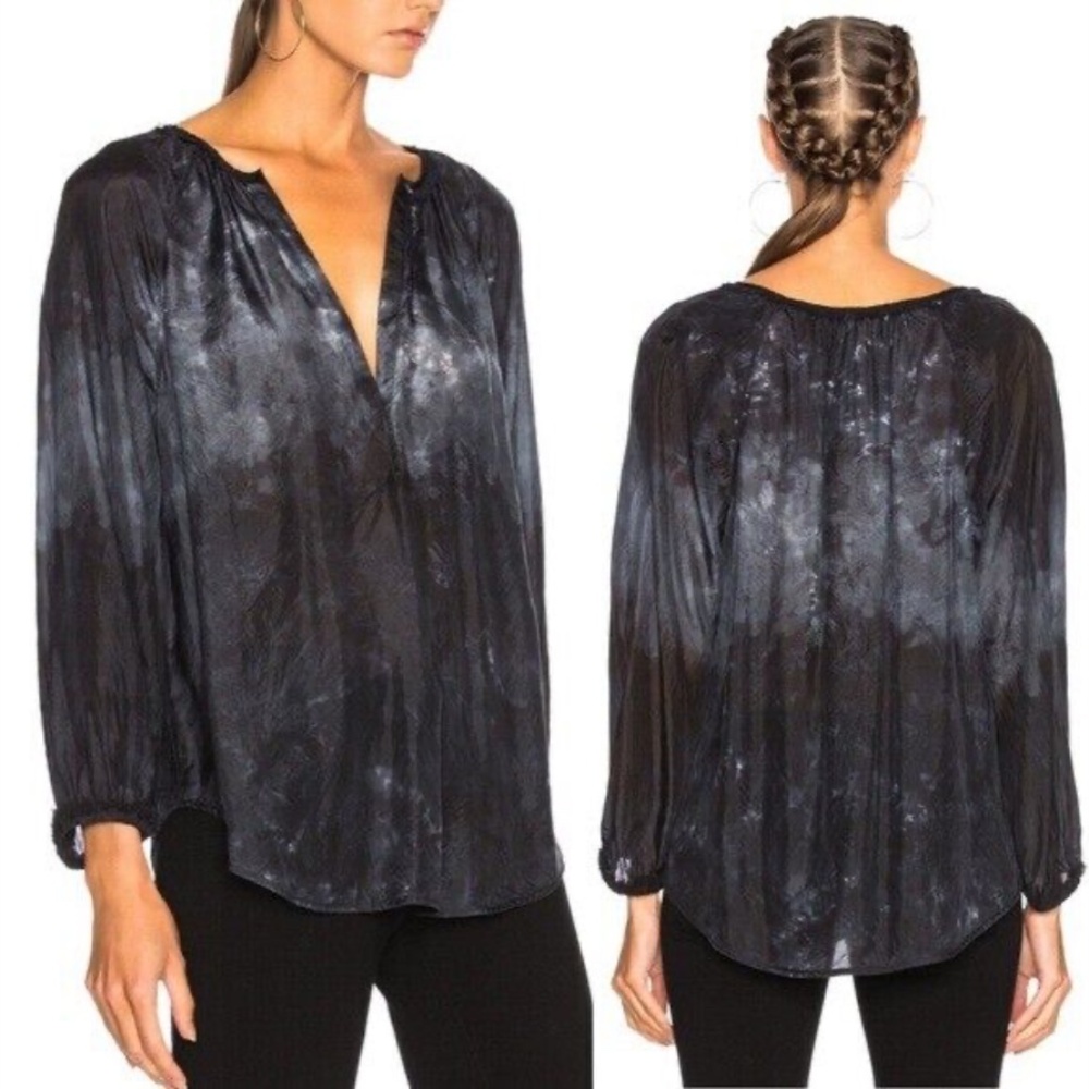 Black Tie-Dye V-Neck Peasant Blouse - Unbranded